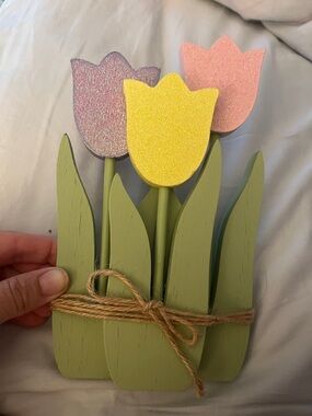Wooden Tulip Trio Decor - Yellow, Pink, Lavender. This piece is hangable!